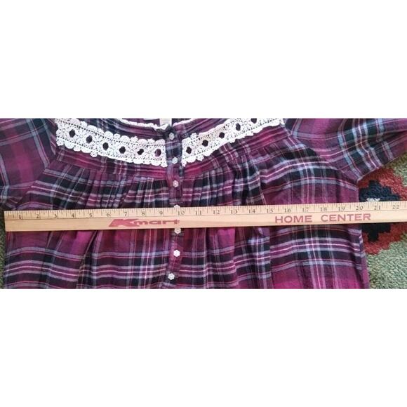 Eileen West Dark Pink Plaid 3/4 Sleeve Lace Ruffle Pockets Flannel Nightgown S - Picture 6 of 16